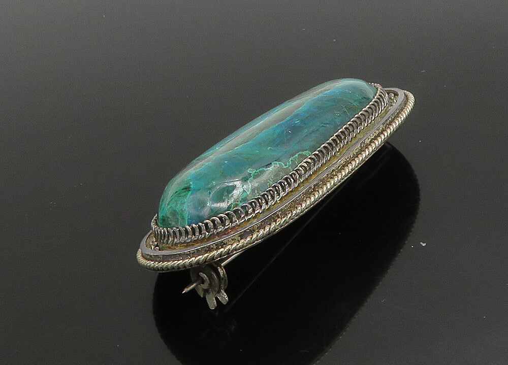 ISRAEL 925 Sterling Silver  Vintage Cabochon Eilat Stone Brooch Pin  BP9045