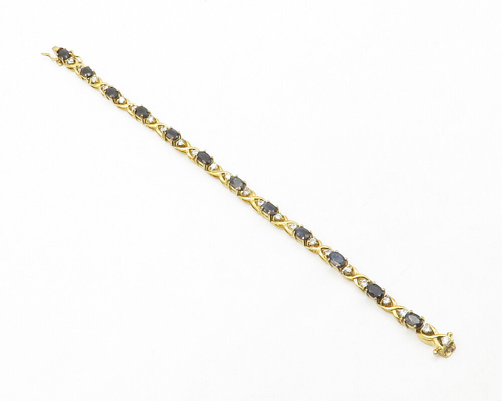 925 Sterling Silver  Sapphire & Topaz Gold Plated Shiny Chain Bracelet  BT5023