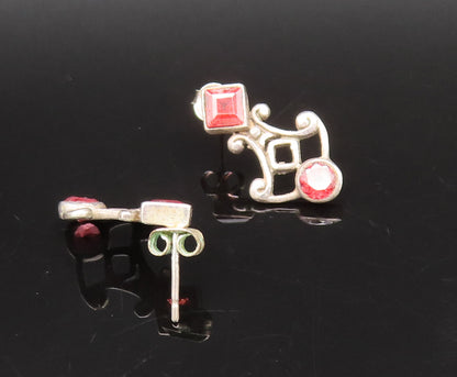 925 Sterling Silver  Vintage Round & Diamond Shaped Red Topaz Earrings EG12280