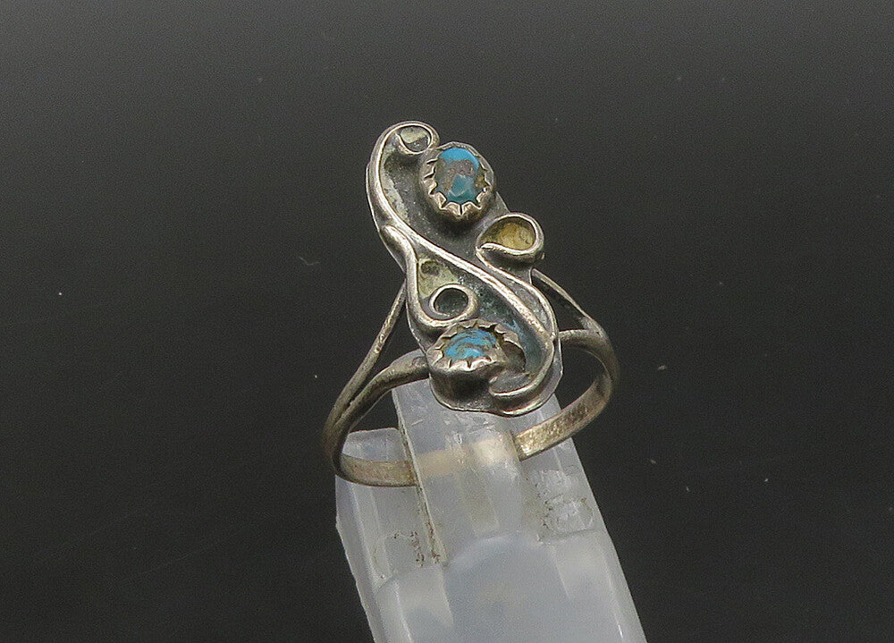 NAVAJO  925 Silver   Vintage Petite Turquoise Swirl Band Ring Sz 6.5  RG23173