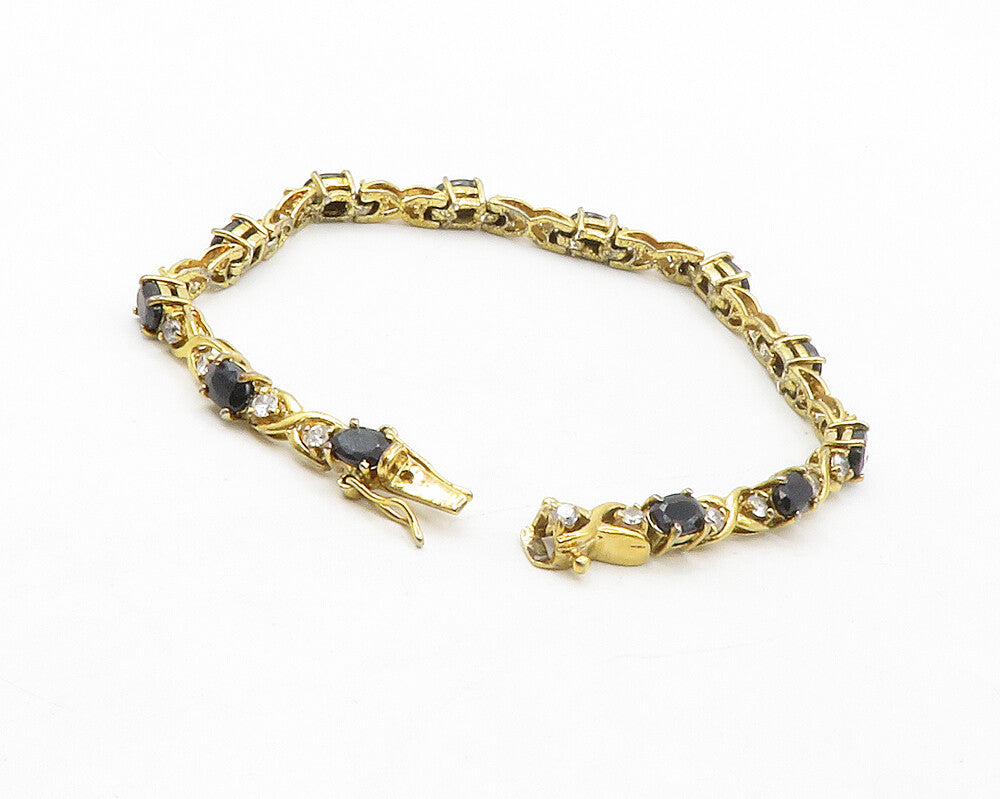 925 Sterling Silver  Sapphire & Topaz Gold Plated Shiny Chain Bracelet  BT5023