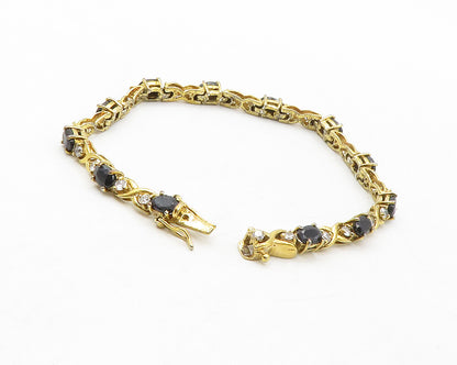925 Sterling Silver  Sapphire & Topaz Gold Plated Shiny Chain Bracelet  BT5023