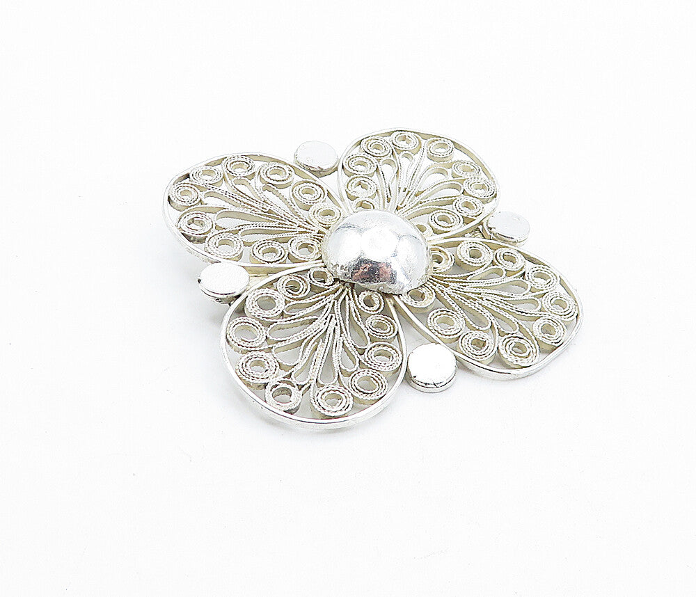 925 Sterling Silver  Vintage Shiny Floral Swirl Filigree Brooch Pin  BP1745