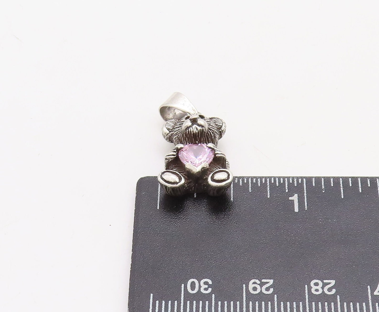 925 Sterling Silver Vintage Pendant Dark Tone Teddy With Pink CZ Heart  PT23698