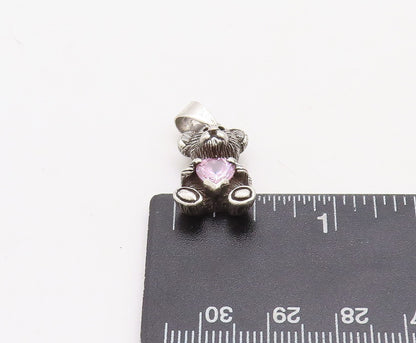 925 Sterling Silver Vintage Pendant Dark Tone Teddy With Pink CZ Heart  PT23698