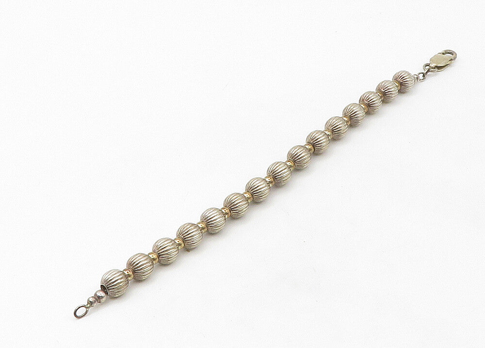 925 Sterling Silver  Vintage Two Tone Fluted Bead Chain Bracelet  BT8529