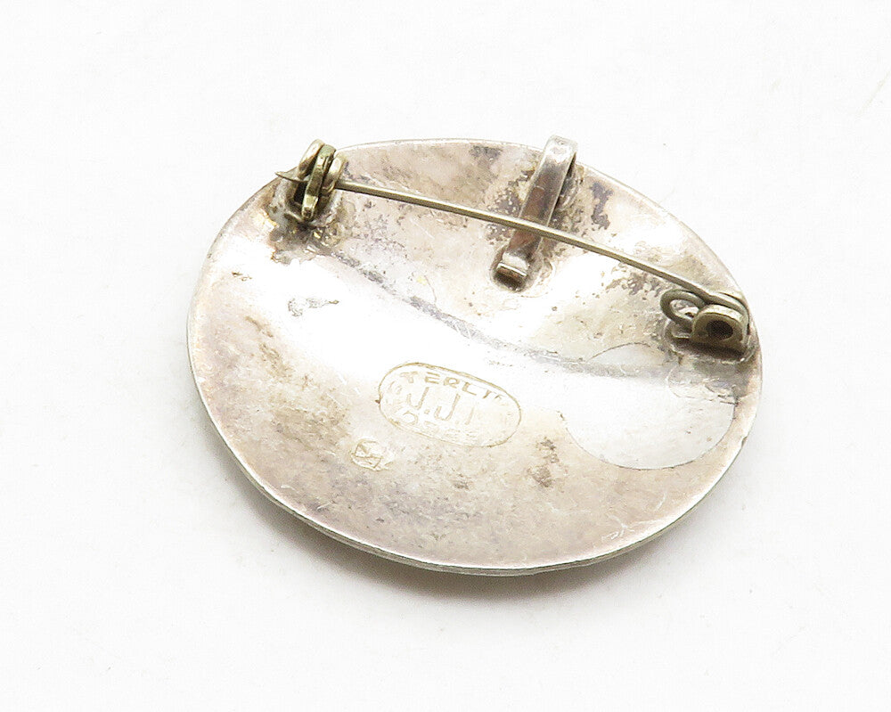 J.J.M. 925 Silver  Vintage Dark Tone Etched Palm Tree Scene Brooch Pin  BP4934