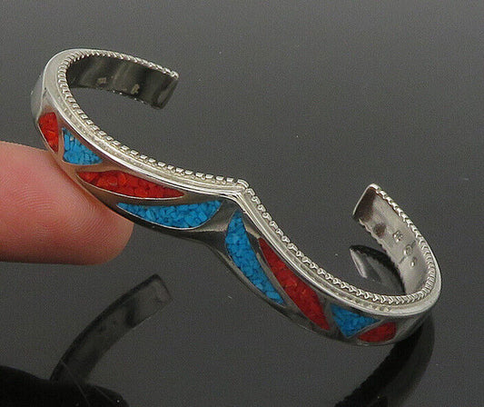 ZUNI NAVAJO 925 Silver  Vintage Turquoise & Coral Pointed Cuff Bracelet BT9048