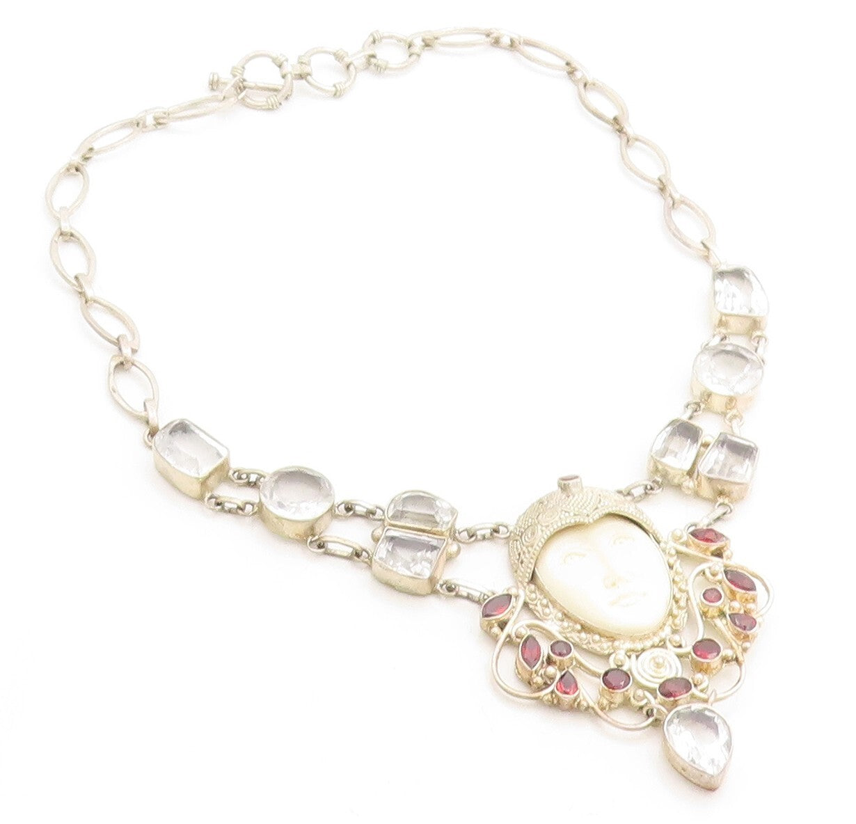 925 Silver  Vintage Red & White Topaz Carved Face Chain Necklace  NE1245