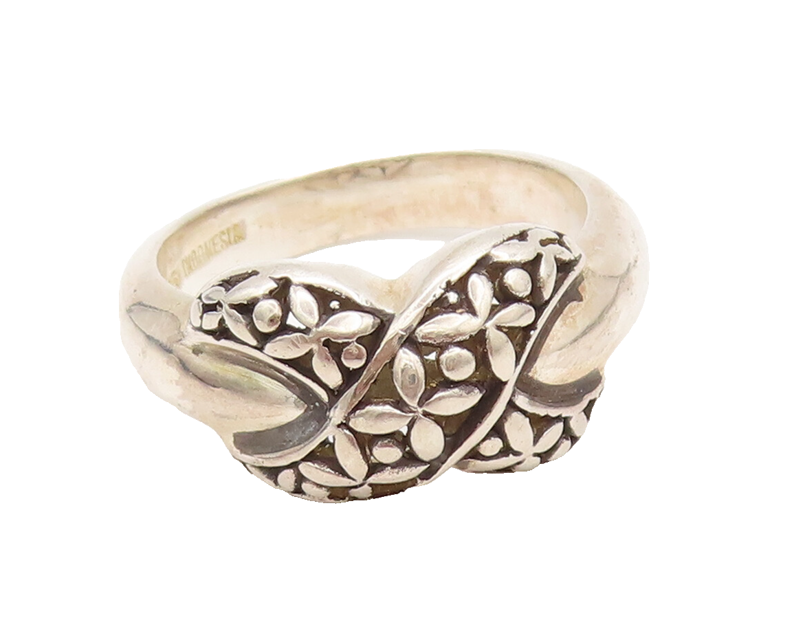 925 Silver Vintage Designer Floral Carved Cross Band Ring Sz 8.25  RG26877