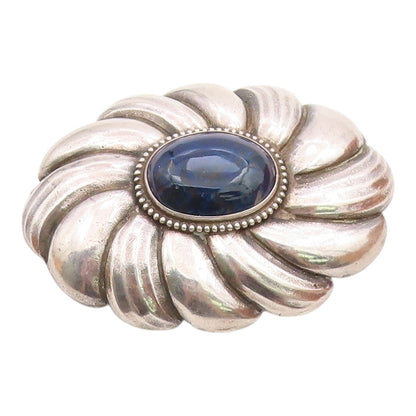 925 Sterling Silver  Vintage Cabochon Sodalite Floral Motif Brooch Pin  BP7174