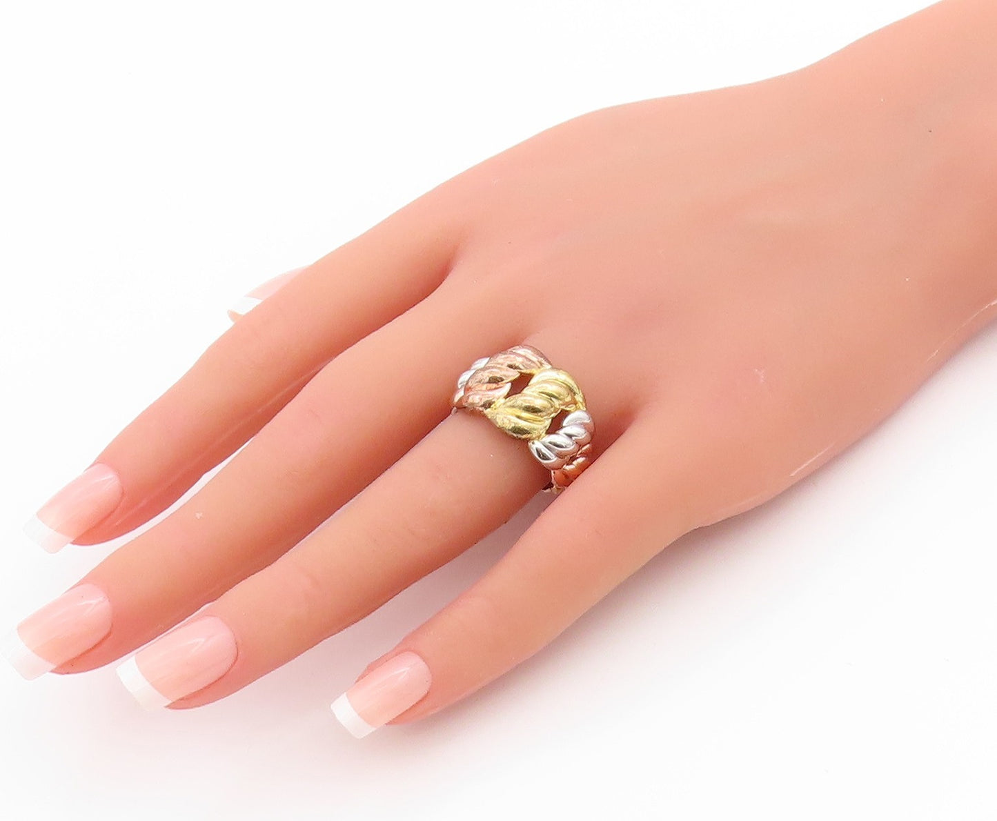 925 Sterling Silver Vintage Ring Gold Plated Tri Tone Braided  Sz 7.5  RG33511