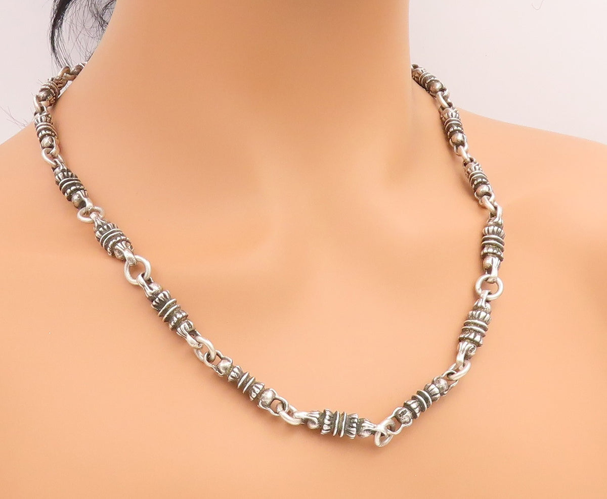925 Sterling Silver Vintage Necklace MEXICO Barrel Link Long Chain HEAVY  NE4893