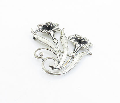 925 Sterling Silver  Vintage Shiny Oxidized Sculpted Flowers Brooch Pin BP2254