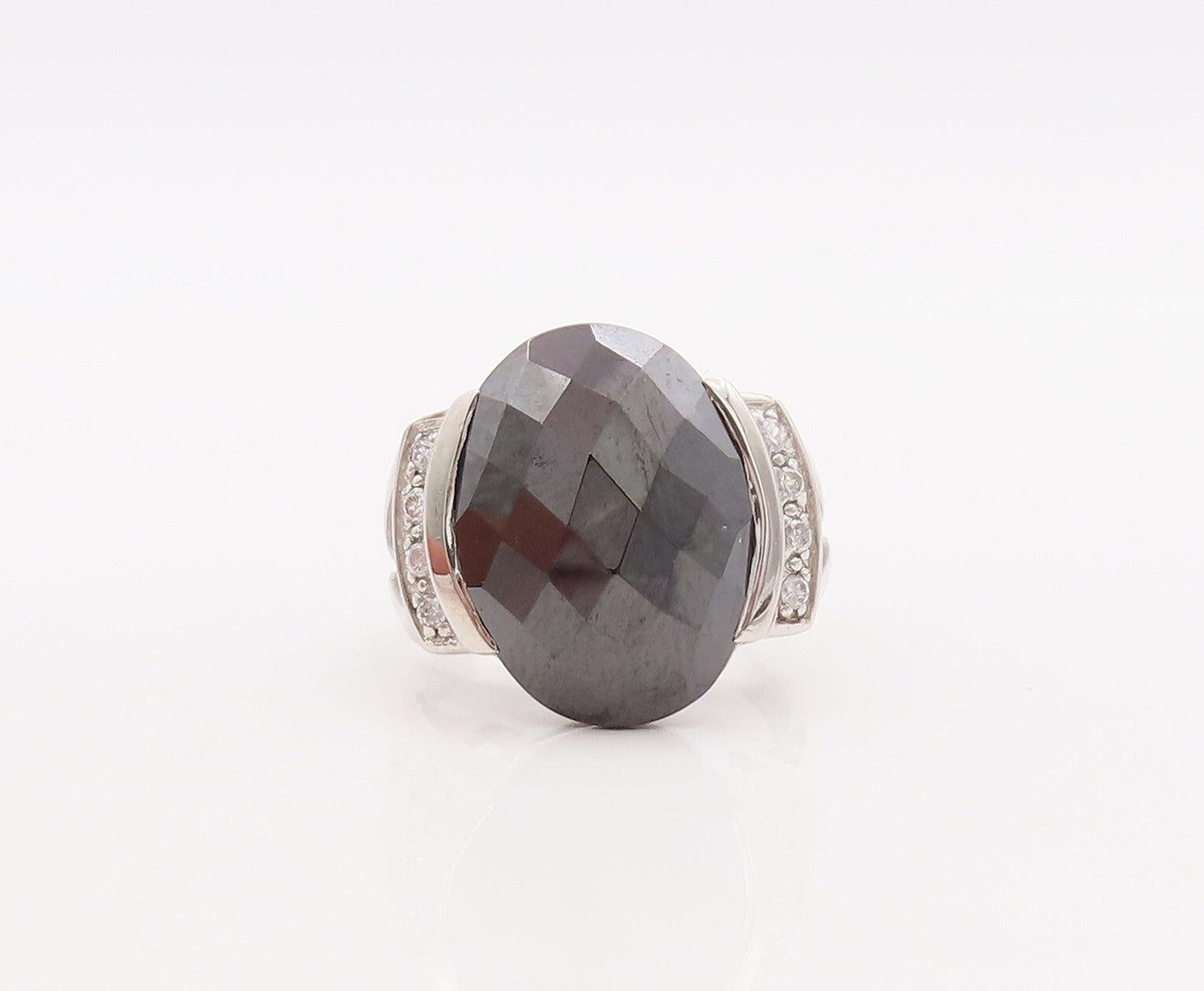 925 Sterling Silver Vintage Ring Oval Cut Onyx & CZ Inlay  Sz 7.5  RG29869