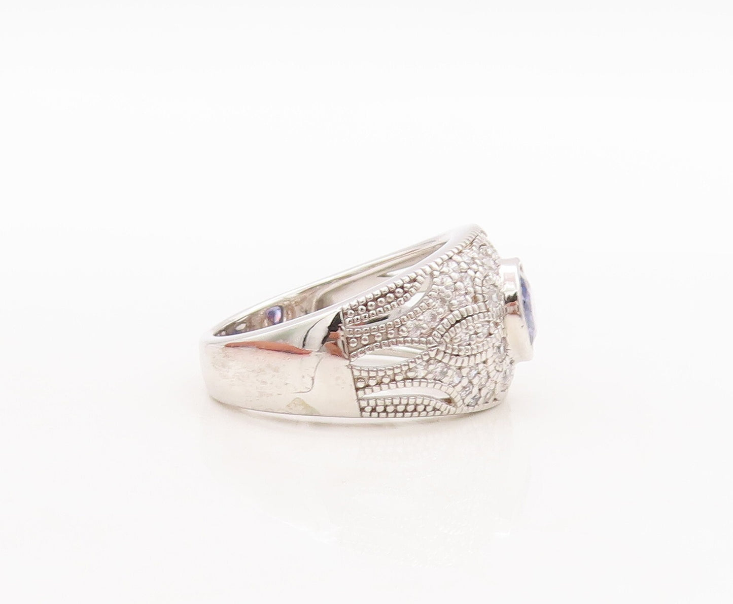 925 Sterling Silver Vintage Ring Floral Carved Blue & White CZ  Sz 7  RG29547