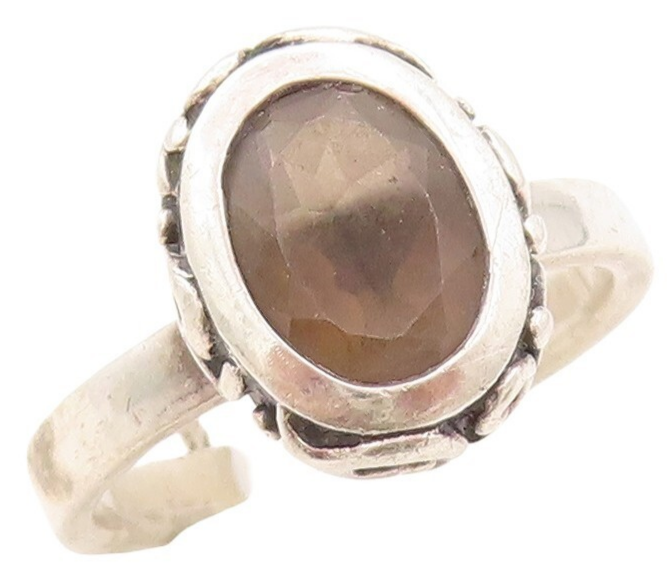 925 Sterling Silver Vintage Ring Dark Tone Carved Smoky Quartz  Sz 10  RG31137