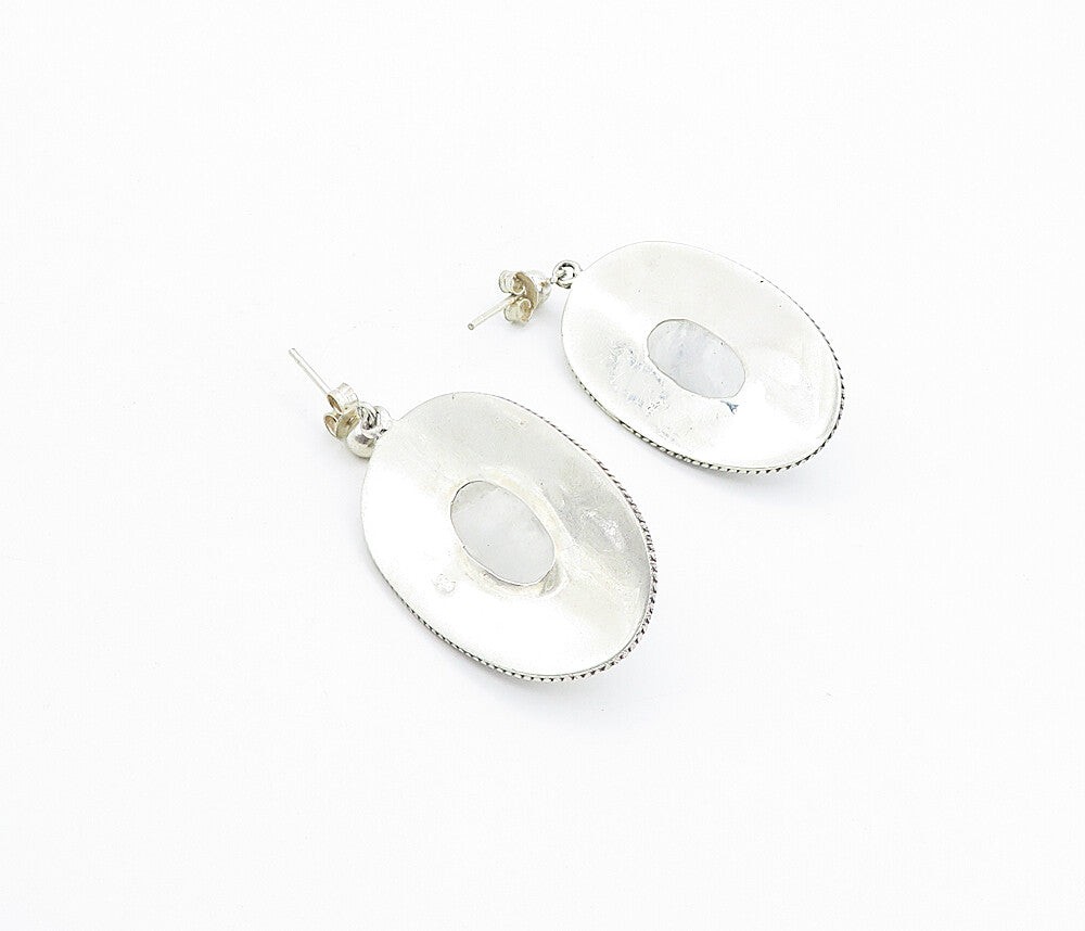 925 Sterling Silver  Vintage Cabochon Cut Quartz Floral Drop Earrings  EG3081