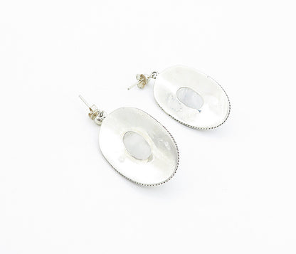 925 Sterling Silver  Vintage Cabochon Cut Quartz Floral Drop Earrings  EG3081