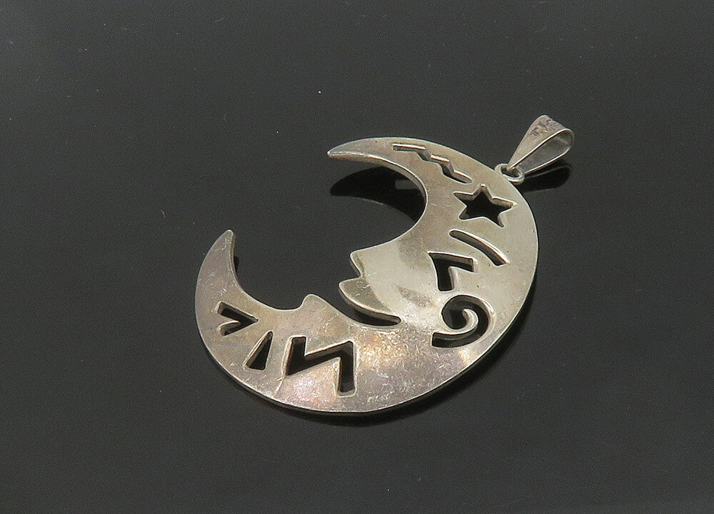 MEXICO 925 Silver  Vintage Crescent Moon Face Cutout Detail Pendant  PT17030