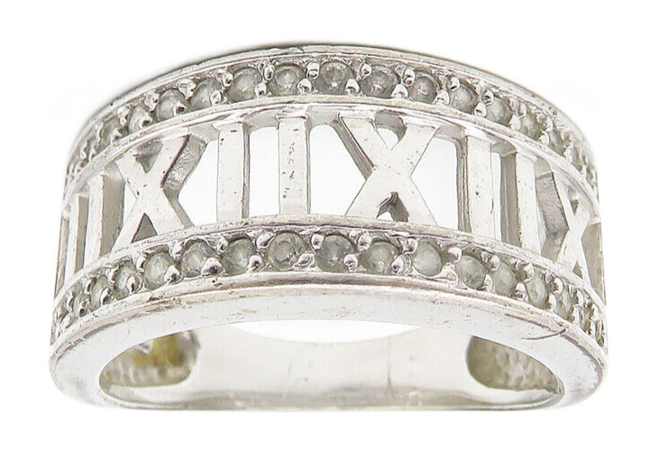 925 Sterling Silver  Vintage Topaz Roman Numerals Band Ring Sz 6  RG11128
