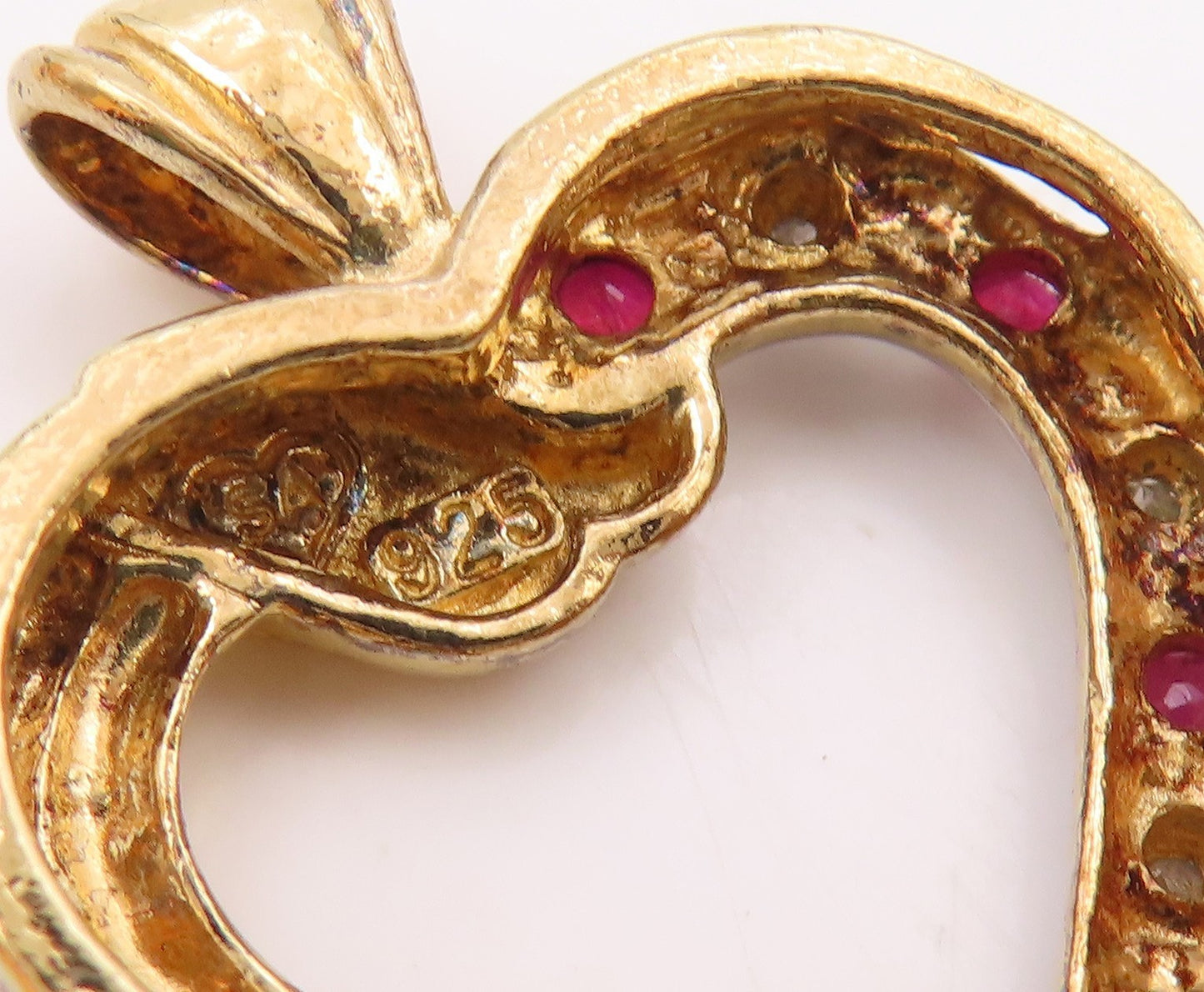 925 Sterling Silver  Vintage Genuine Diamond & Ruby Heart Pendant  PT15771