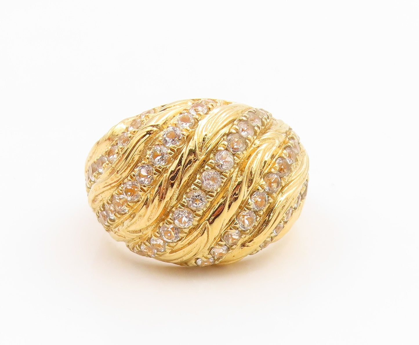 925 Sterling Silver Vintage Ring Gold Plated CZ Ribbed Dome Band  Sz 8  RG35916