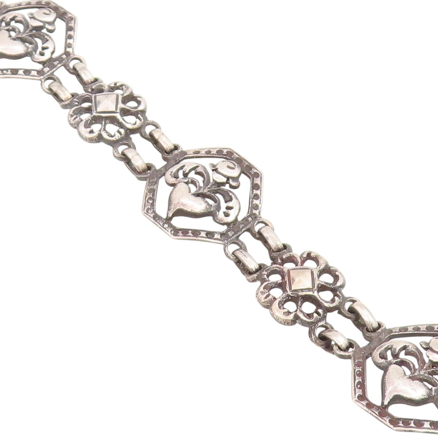 925 Sterling Silver Vintage Bracelet EUROPE Openwork Floral Love Heart  BT11736