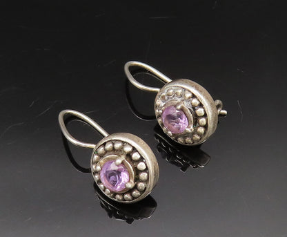 925 Sterling Silver  Vintage Dotted Edge Amethyst Drop Earrings  EG11876