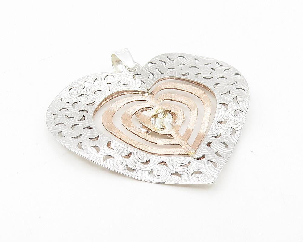 925 Sterling Silver  Shiny Two Tone Butterfly Love Heart Drop Pendant  PT9278