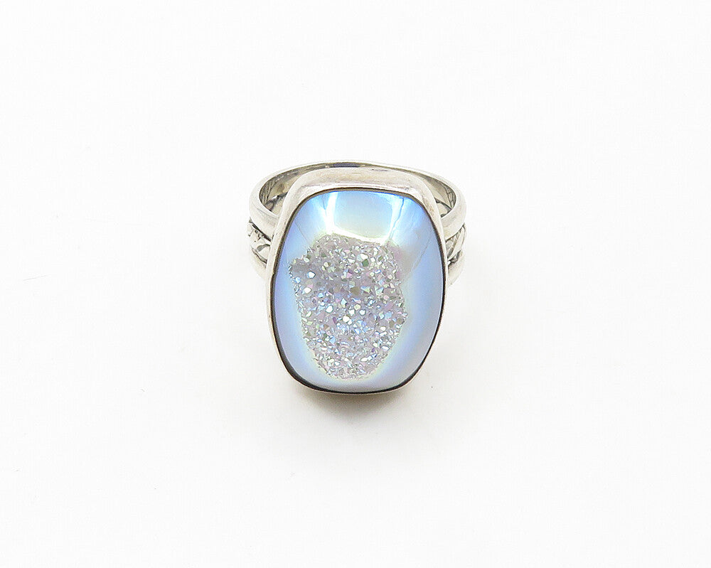 925 Sterling Silver  Vintage Rainbow Druzy Stone Cocktail Ring Sz 7  RG18014