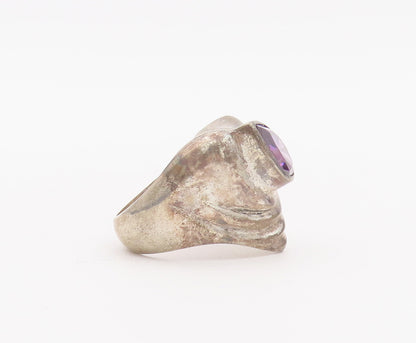 925 Sterling Silver Vintage Ring Solid Carved Drop Cut Amethyst  Sz 7.5  RG28072