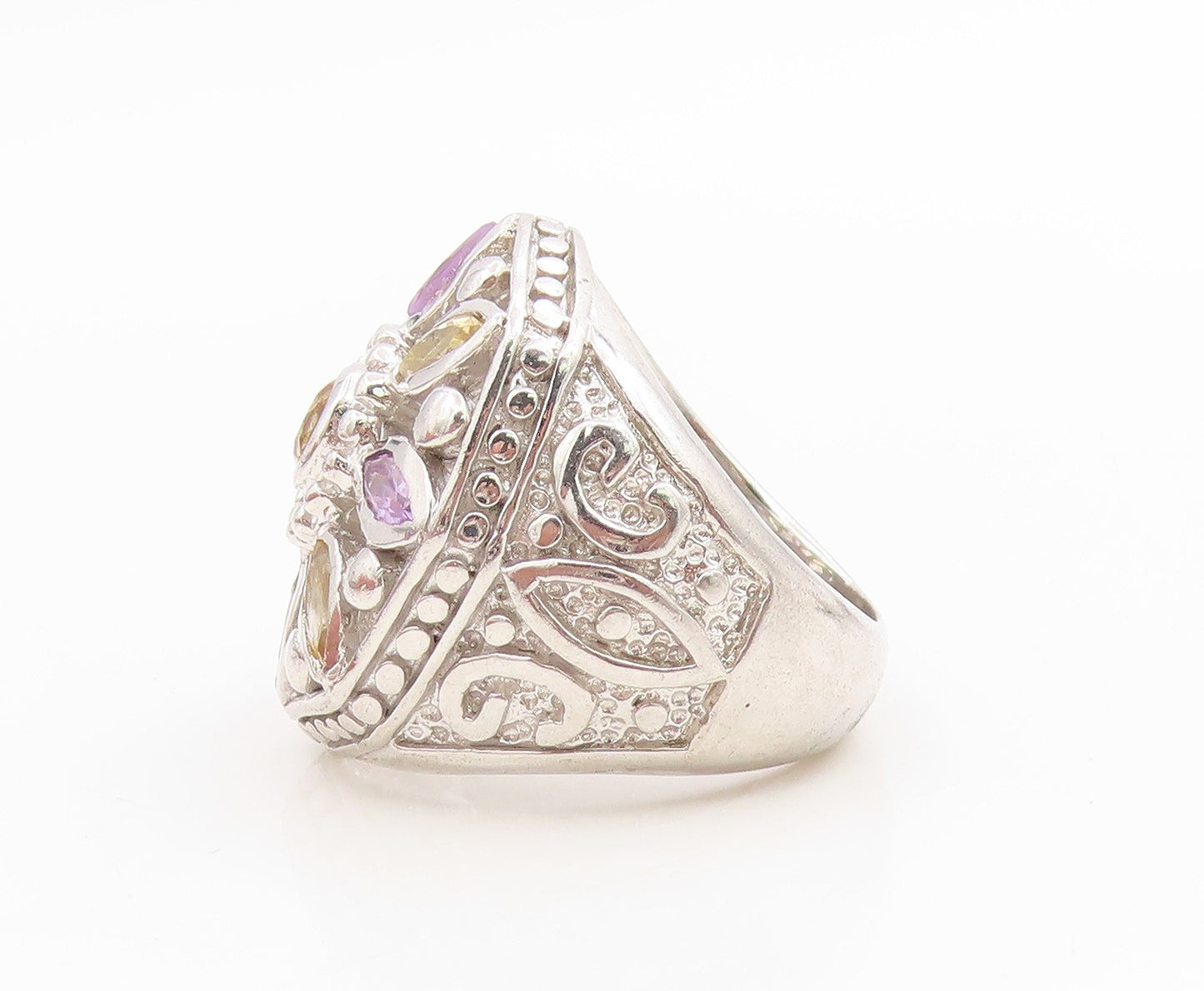 925 Sterling Silver Vintage Ring Amethyst & Citrine Floral Band  Sz 6  RG36157