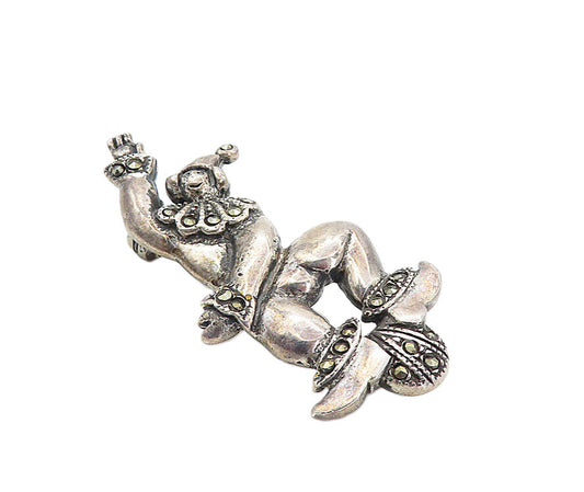 925 Sterling Silver  Vintage Marcasite Dancing Clown Motif Brooch Pin  BP2999