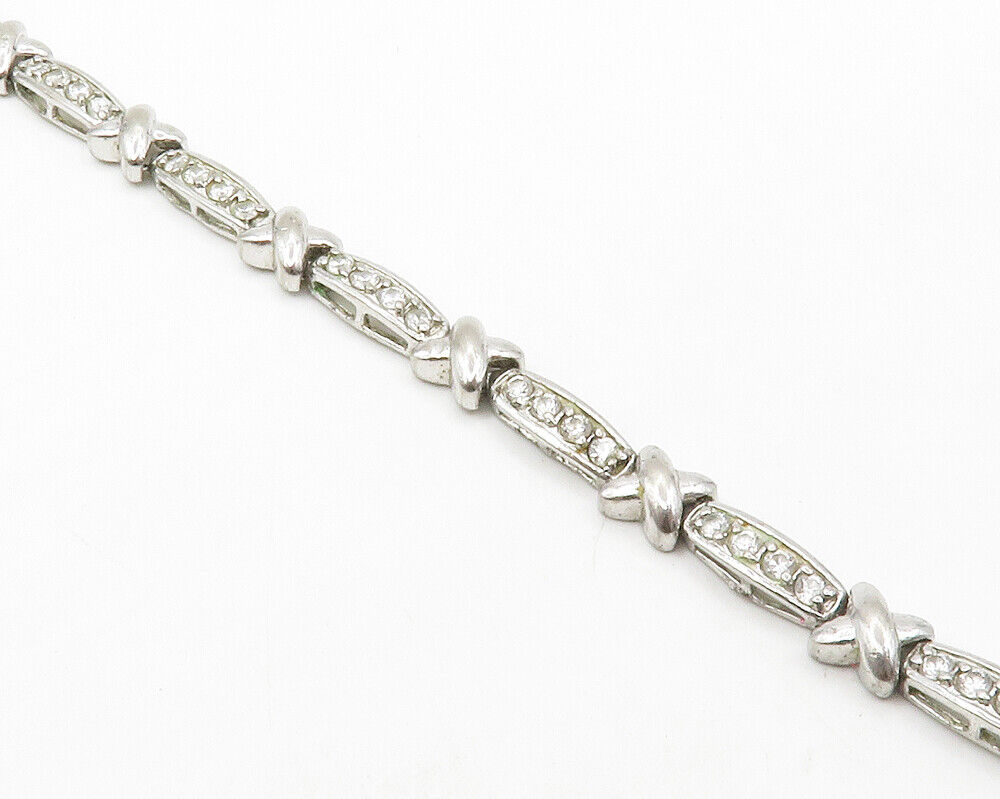 925 Sterling Silver  Shiny White Topaz X Bar Link Chain Bracelet  BT5238