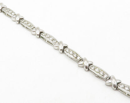 925 Sterling Silver  Shiny White Topaz X Bar Link Chain Bracelet  BT5238