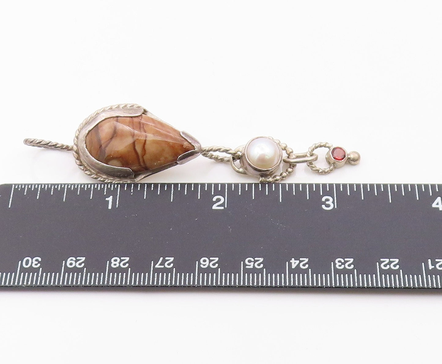 925 Sterling Silver  Vintage Pearl Pink Topaz & Jasper Twist Pendant  PT14798