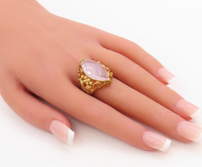 925 Sterling Silver Vintage Ring Gold Plated Floral Carved Gemstone Sz 7 RG30722