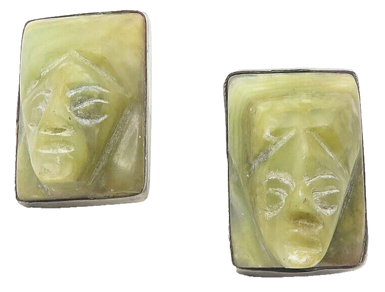 MEXICO 925 Sterling Silver Vintage Face Carved Jade Non Pierce Earrings EG6048