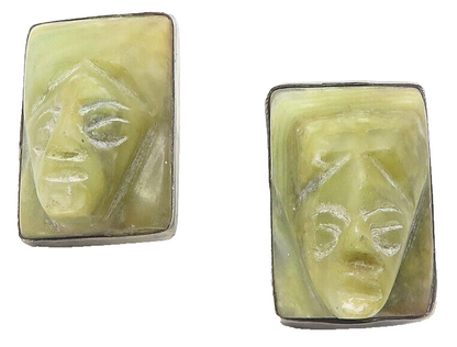 MEXICO 925 Sterling Silver Vintage Face Carved Jade Non Pierce Earrings EG6048
