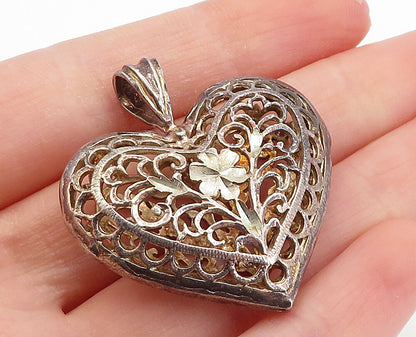 925 Sterling Silver  Vintage Dark Tone Floral Swirl Vine Heart Pendant  PT3832