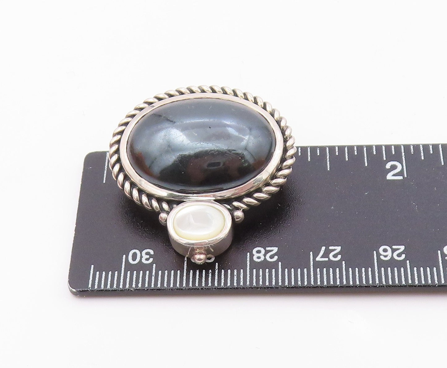 925 Sterling Silver  Vintage Hematite & Mother Of Pearl Twist Pendant PT7594