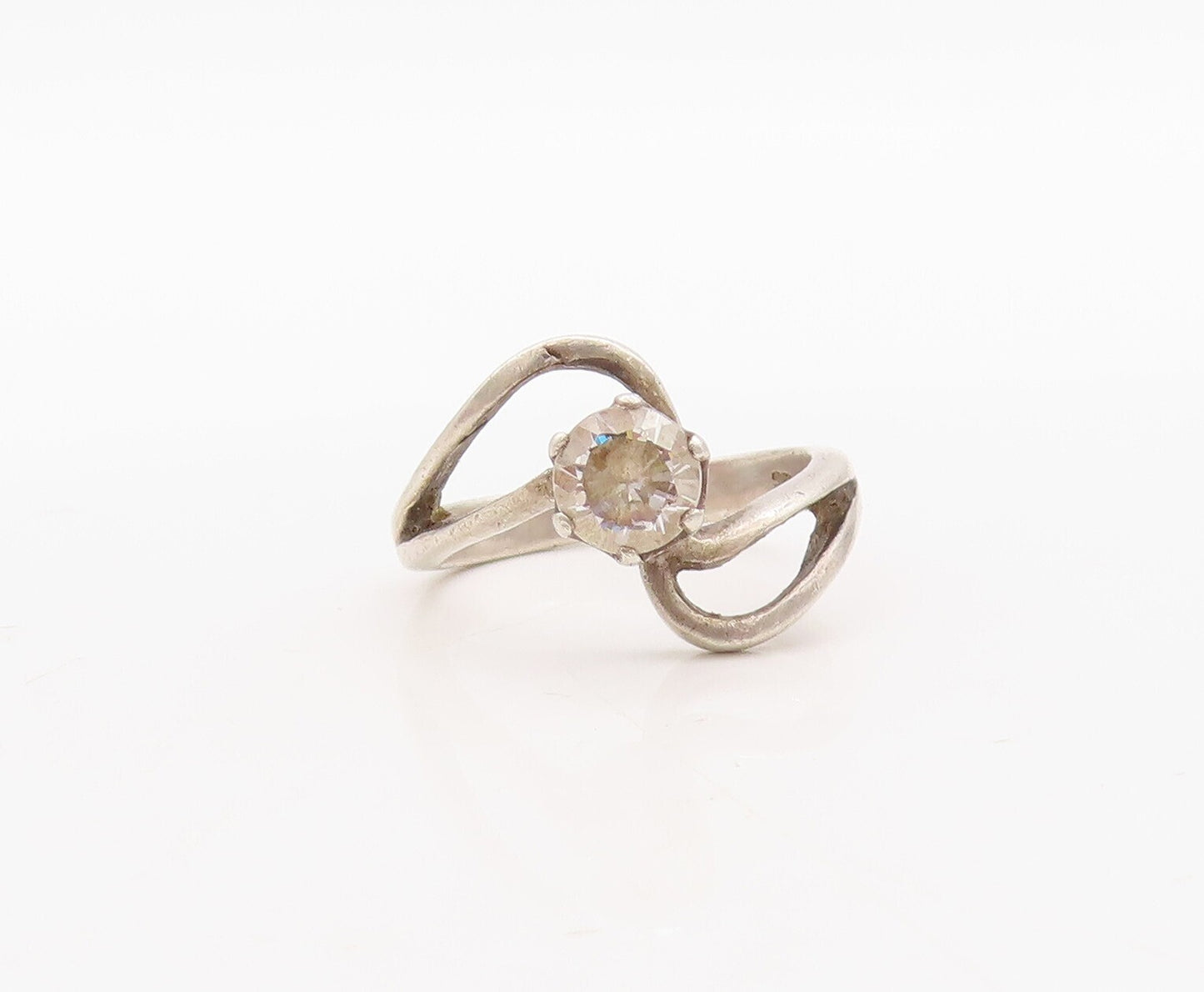 925 Sterling Silver Vintage Ring Swirly Design Cutout Topaz  Sz 5.5  RG31437