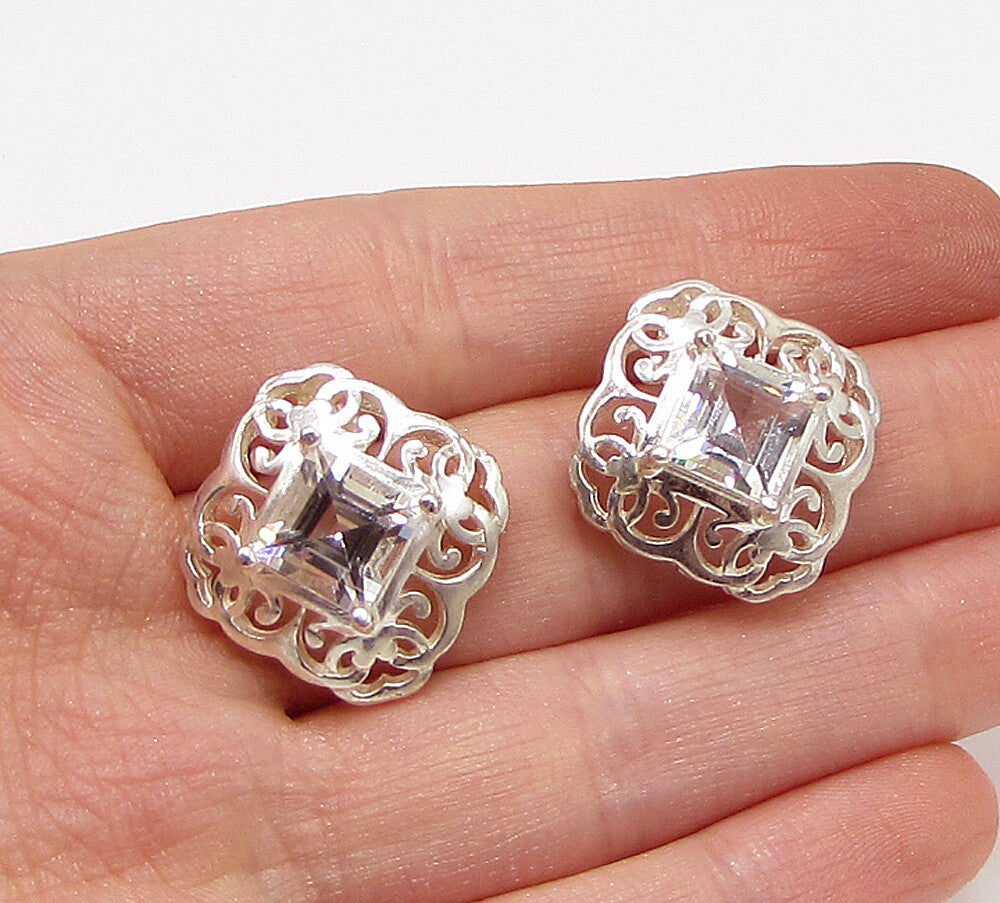 925 Sterling Silver  White Topaz Cut Out Filigree Stud Earrings  EG1839