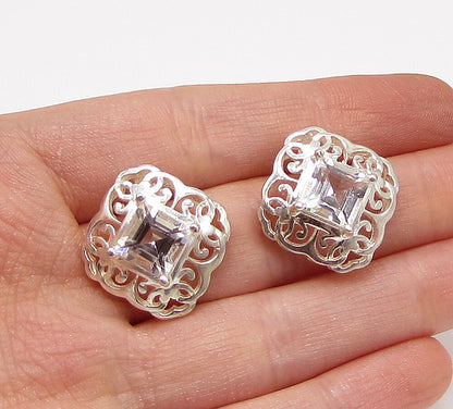 925 Sterling Silver  White Topaz Cut Out Filigree Stud Earrings  EG1839