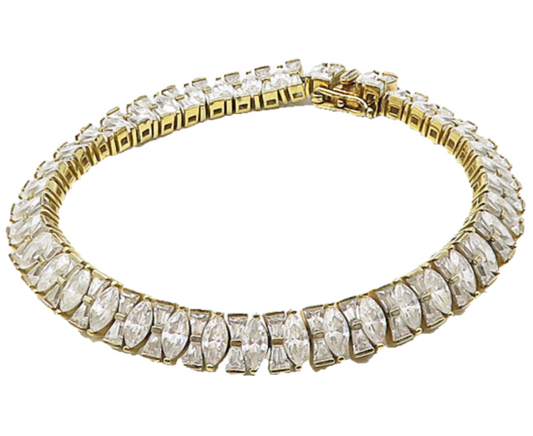 925 Sterling Silver  Cubic Zirconia Gold Plated Shiny Chain Bracelet  BT4075