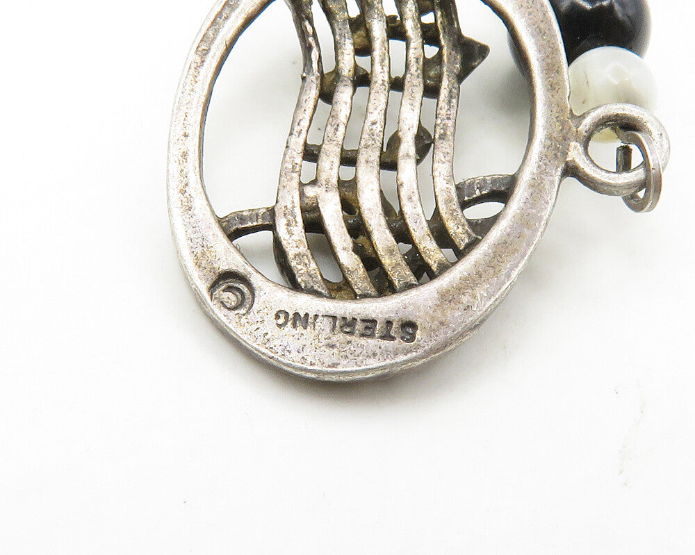 SHUBE 925 Silver  Vintage Black Onyx & Mother Of Pearl Music Pendant  PT13720