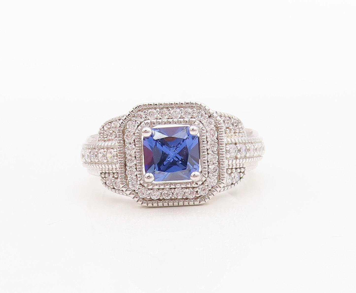 925 Sterling Silver Vintage Ring Designer Square Sapphire CZ Inlay Sz 7 RG29794