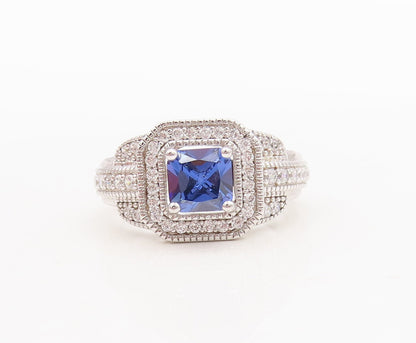 925 Sterling Silver Vintage Ring Designer Square Sapphire CZ Inlay Sz 7 RG29794