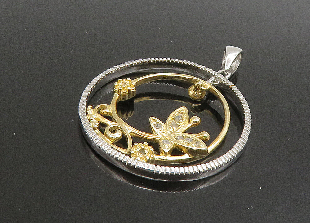925 Sterling Silver  Vintage Genuine Diamonds 2 Tone Butterfly Pendant PT19122